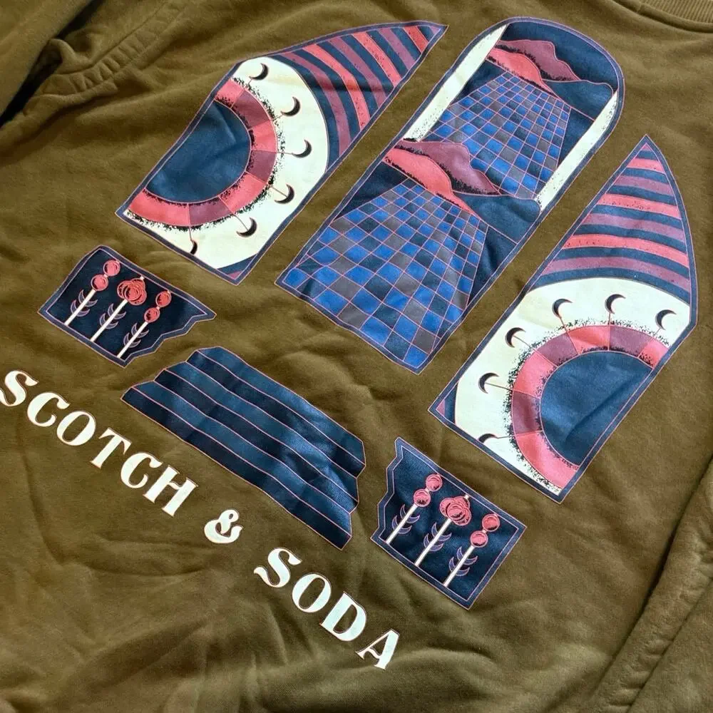 Scotch & Soda Organic Cotton Brown Graphic Crewneck Sweatshirt Men XXL 2XL